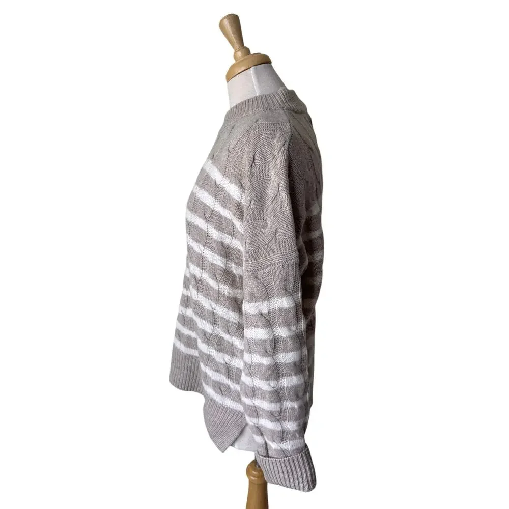 LA LIGNE Wool Cashmere Striped Cable Knit Crewneck Sweater Tan Cream Size Medium